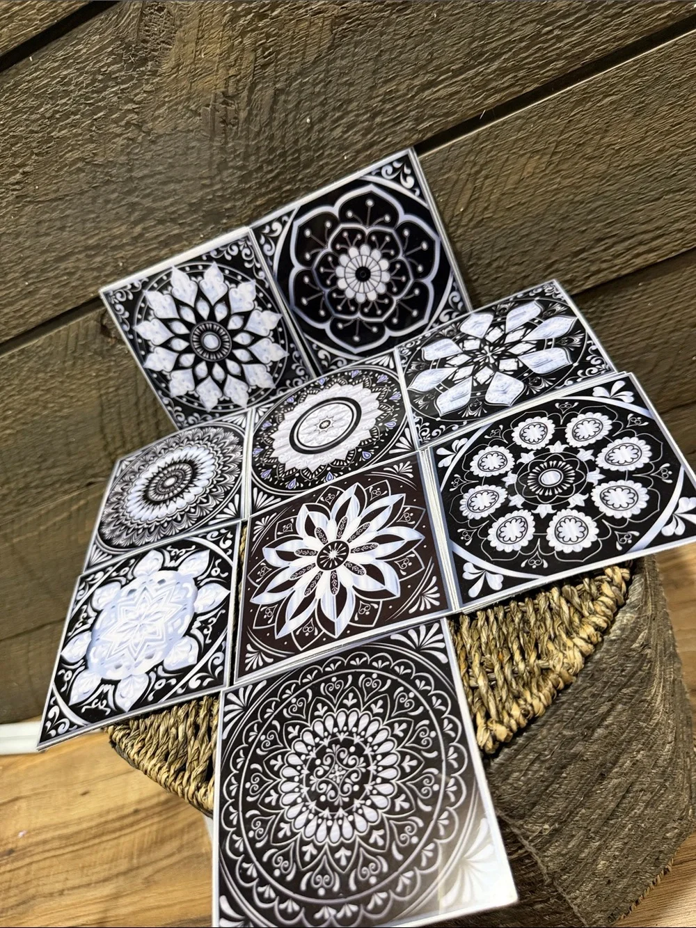 Set of 15 MIXED Black & White Mandala Decorative Tiles Peel Stick Decals 4